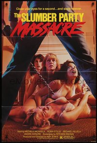 6t1360 SLUMBER PARTY MASSACRE 1sh 1982 killer stares down four sexy barely-dressed girls on floor!