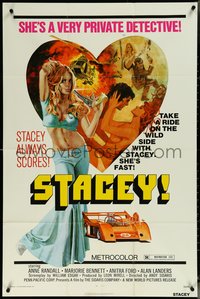 6t1372 STACEY 1sh 1973 Andy Sidaris directed, sexy art of Randall by John Solie, Can-Am race car!