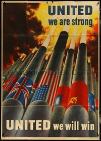 6t0407 UNITED WE ARE STRONG 40x56 WWII war poster 1943 Koerner art of cannons firing together!