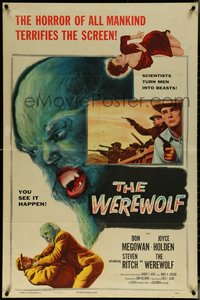 6t1440 WEREWOLF 1sh 1956 two great wolf-man horror images, it happens before your horrified eyes!