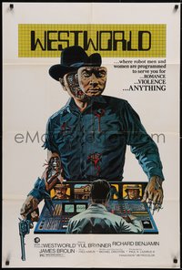 6t1442 WESTWORLD 1sh 1973 Crichton, art of cyborg Yul Brynner behind monitors by Neal Adams!