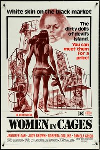 6t1452 WOMEN IN CAGES 1sh 1971 Joe Smith art of sexy caged girls behind bars, warden Pam Grier!