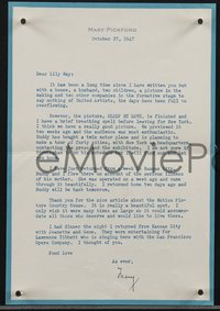 6t0065 MARY PICKFORD signed letter 1947 telling her old friend and columnist the latest news!