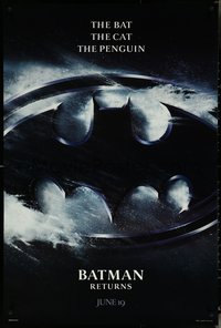 6w0349 BATMAN RETURNS teaser 1sh 1992 Burton, Keaton, The Bat, The Cat, The Penguin, logo design!