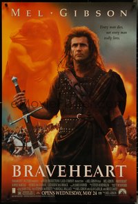 6w0368 BRAVEHEART advance DS 1sh 1995 Mel Gibson as William Wallace in the Scottish Rebellion!
