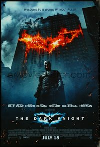 6w0389 DARK KNIGHT int'l advance DS 1sh 2008 Christian Bale as Batman in front of burning bat symbol!
