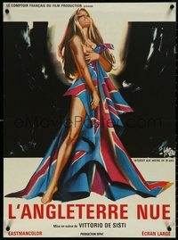 6w0200 NAKED ENGLAND French 23x31 1969 Symeoni art of sexy woman clutching British flag, ultra rare!