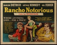 6w0999 RANCHO NOTORIOUS style B 1/2sh 1952 Fritz Lang, art of sexy Marlene Dietrich showing her legs!