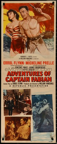6w0659 ADVENTURES OF CAPTAIN FABIAN insert 1951 art of 'roided Errol Flynn & sexy Micheline Presle!