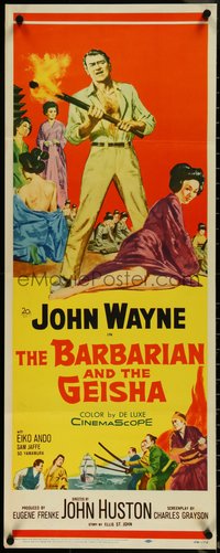 6w0672 BARBARIAN & THE GEISHA insert 1958 John Huston, art of John Wayne with torch & Eiko Ando!