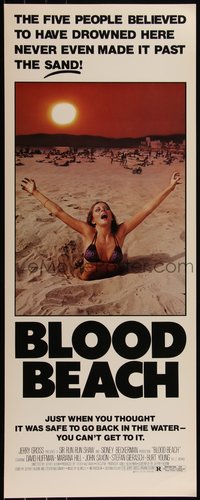 6w0682 BLOOD BEACH insert 1981 Jaws parody tagline, image of sexy girl in bikini sinking in sand!