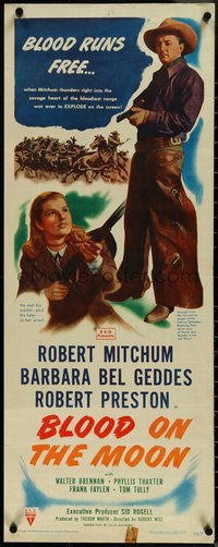 6w0684 BLOOD ON THE MOON insert 1949 art of cowboy Robert Mitchum pointing gun & Barbara Bel Geddes!