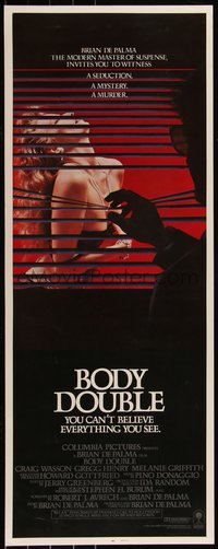 6w0685 BODY DOUBLE int'l insert 1985 De Palma, Melanie Griffith, voyeur watches sexy woman, rare!