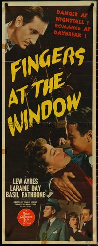6w0725 FINGERS AT THE WINDOW insert 1942 Lew Ayres & sexy Laraine Day, creepiest Basil Rathbone!