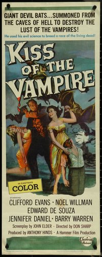 6w0745 KISS OF THE VAMPIRE insert 1963 Hammer, cool art of devil bats attacking by Joseph Smith!