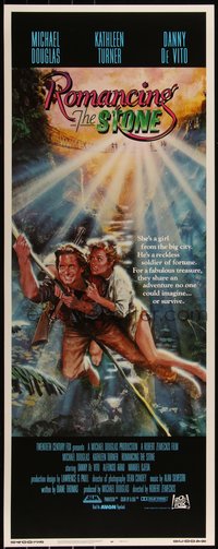 6w0760 ROMANCING THE STONE int'l insert 1984 Zemeckis, art of Michael Douglas & Kathleen Turner!