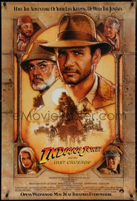 6w0454 INDIANA JONES & THE LAST CRUSADE advance 1sh 1989 Ford/Connery over brown background by Drew!