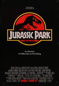6w0466 JURASSIC PARK advance DS 1sh 1993 Steven Spielberg, logo with T-Rex over red background!
