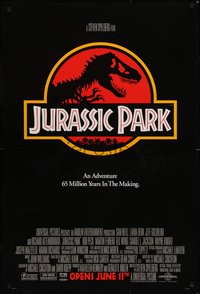6w0465 JURASSIC PARK advance 1sh 1993 Steven Spielberg, classic logo with T-Rex over red background!