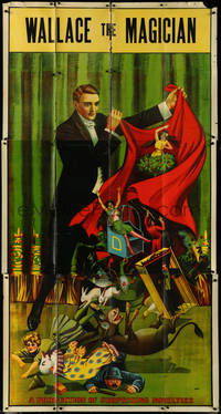 6w0005 WALLACE THE MAGICIAN 42x81 magic poster 1920s making many toys appear from cape, ultra rare!