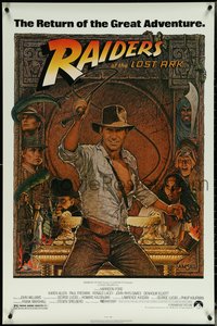 6w0538 RAIDERS OF THE LOST ARK 1sh R1980s great Richard Amsel art of adventurer Harrison Ford!