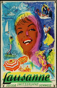 6w0198 LAUSANNE 26x39 Swiss travel poster 1950s Brookshaw art of a woman and more, ultra rare!