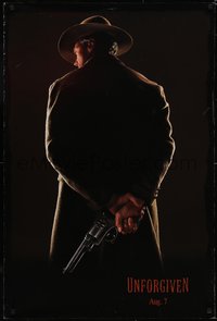 6w0607 UNFORGIVEN teaser DS 1sh 1992 image of gunslinger Clint Eastwood w/back turned, dated design!