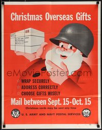 6w0912 CHRISTMAS OVERSEAS GIFTS 21x27 WWII war poster 1945 art of Santa w/ Army helmet giving tips!