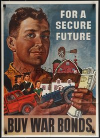 6w0917 FOR A SECURE FUTURE 20x28 WWII war poster 1945 family and farm in man's arms by Amos Sewell!