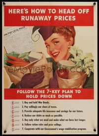 6w0918 HERE'S HOW TO HEAD OFF RUNAWAY PRICES 16x23 WWII war poster 1943 woman w/groceries, rare!