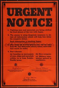 6w0925 URGENT NOTICE 18x26 WWII war poster 1945 final phase of war with Japan, keep secrets safe!