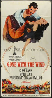 6y0369 GONE WITH THE WIND 3sh R1961 Clark Gable carrying Vivien Leigh over burning Atlanta!