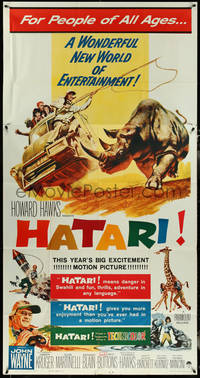 6y0370 HATARI 3sh 1962 Howard Hawks, great Frank McCarthy artwork of John Wayne in Africa!