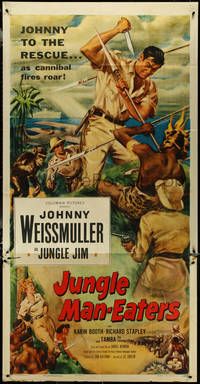 6y0372 JUNGLE MAN-EATERS 3sh 1954 Cravath art of Weissmuller as Jungle Jim vs cannibals, ultra rare!