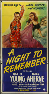 6y0373 NIGHT TO REMEMBER 3sh 1942 Loretta Young & Aherne in a mirthful murder mystery, ultra rare!