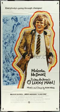 6y0374 O LUCKY MAN int'l 3sh 1973 artwork of Malcolm McDowell, directed by Lindsay Anderson, rare!