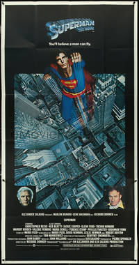 6y0375 SUPERMAN 3sh 1978 photographic image of Christopher Reeve flying over city, Hackman, Brando!