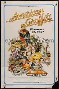 6y1005 AMERICAN GRAFFITI 1sh 1973 George Lucas teen classic, Mort Drucker montage art of cast!