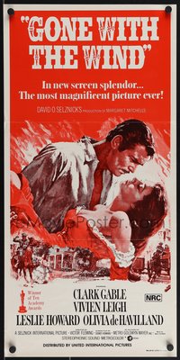 6y0492 GONE WITH THE WIND Aust daybill R1980s Howard Terpning art of Gable & Leigh over Burning Atlanta!