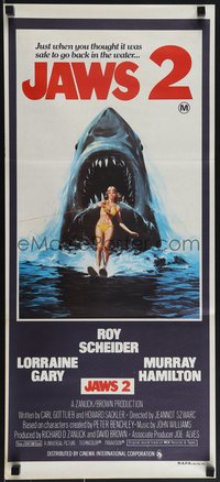 6y0495 JAWS 2 Aust daybill 1978 art of giant shark attacking girl on water skis by Lou Feck!