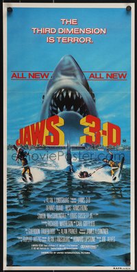 6y0496 JAWS 3-D Aust daybill 1983 Gary Meyer shark artwork, the third dimension is terror!