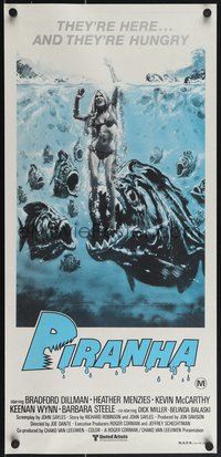 6y0500 PIRANHA Aust daybill R1980s Roger Corman, great art of man-eating fish & sexy girl!