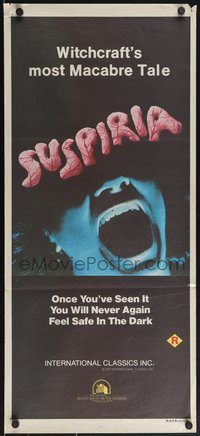 6y0505 SUSPIRIA Aust daybill 1977 classic Dario Argento horror, cool close up screaming mouth image!