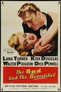 6y1015 BAD & THE BEAUTIFUL 1sh 1953 art of Kirk Douglas manhandling sexy Lana Turner, Minnelli!