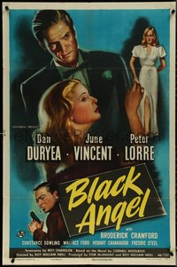 6y1026 BLACK ANGEL 1sh 1946 tough guy Dan Duryea, sexy June Vincent, Peter Lorre w/ gun, ultra rare!