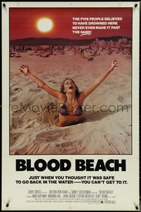 6y1037 BLOOD BEACH 1sh 1981 Jaws parody tagline, image of sexy girl in bikini sinking in sand!