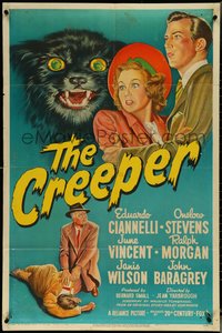 6y1067 CREEPER 1sh 1948 great art of frightened couple and wacky crazed cat showing fangs!