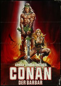 6y0052 CONAN THE BARBARIAN German 33x47 1982 Casaro art of Schwarzenegger & Sandahl Bergman, rare!