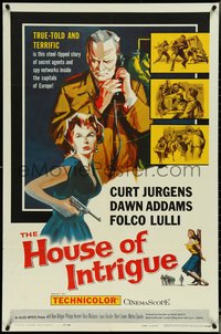 6y1148 HOUSE OF INTRIGUE 1sh 1959 cool artwork of spies Curt Jurgens & Dawn Addams!