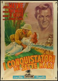 6y0519 FIGHTING SEABEES Italian 1p 1951 different art of John Wayne & Hayward by Guerra, ultra rare!